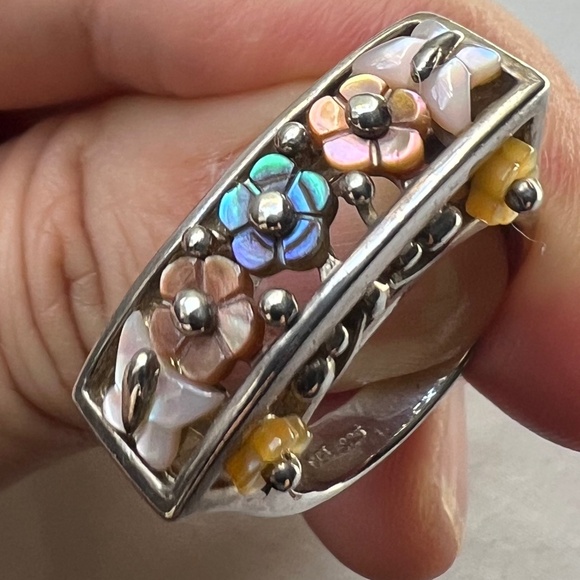 Sterling Silver Ring with Enameled Flowers - Picture 1 of 6